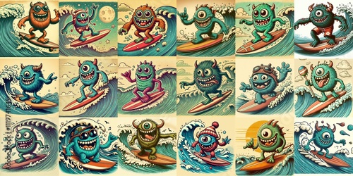 Obraz na płótnie Cartoon style monster surfer. AI generated illustration w salonie