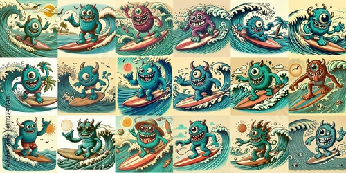 Obraz na płótnie Cartoon style monster surfer. AI generated illustration w salonie