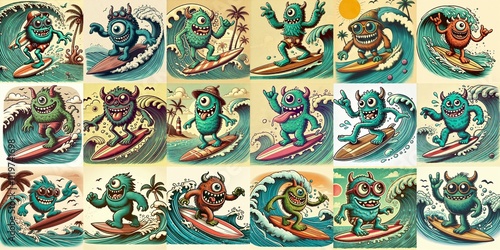 Obraz na płótnie Cartoon style monster surfer. AI generated illustration w salonie