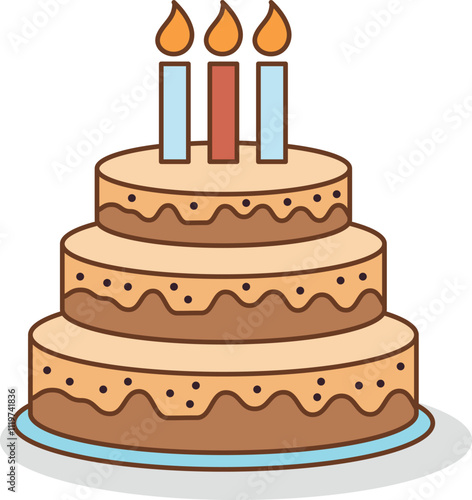 Delicious Three Layered Birthday Cake With Three Candles, Vector Illustration, Isolated on Artboard