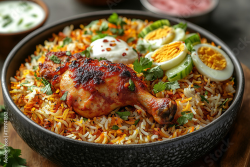 A fragrant and colorful plate of chicken biryani