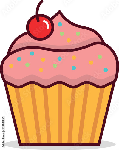 Delicious Pink Cupcake with Sprinkles and Cherry Topping. Vector illustration, Isolated on the artboard