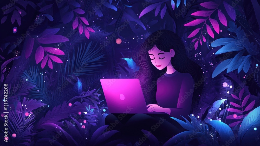 A woman sits surrounded by glowing plants, working on a laptop. A woman sits surrounded by glowing plants, working on a laptop.