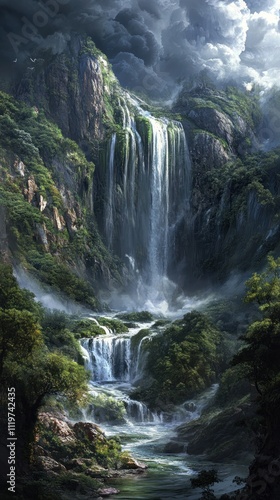 Majestic Waterfall Cascading Down Lush Green Mountainside
