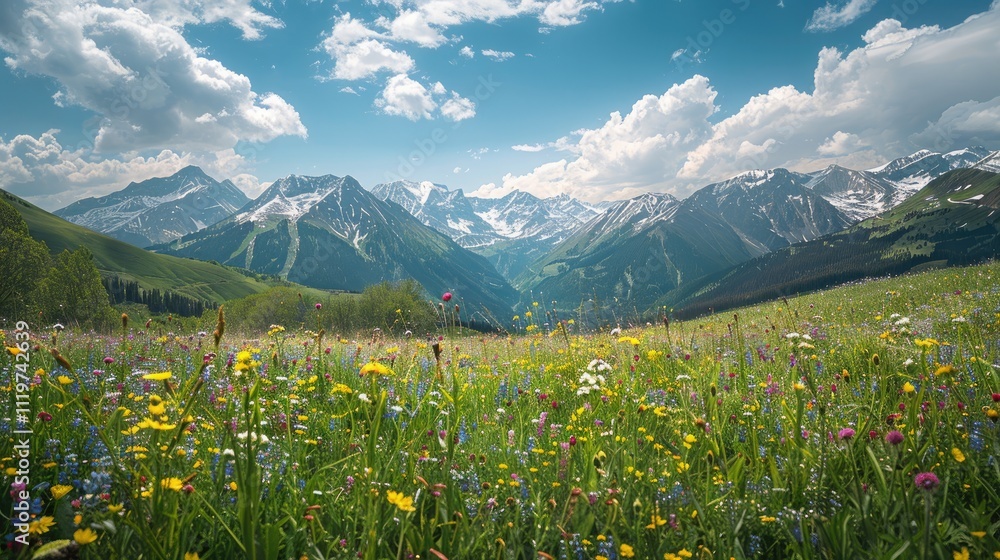 High-end photography of a beautiful alpine meadow with wildflowers and snow-capped peaks High-end photography of a beautiful alpine meadow with wildflowers and snow-capped peaks