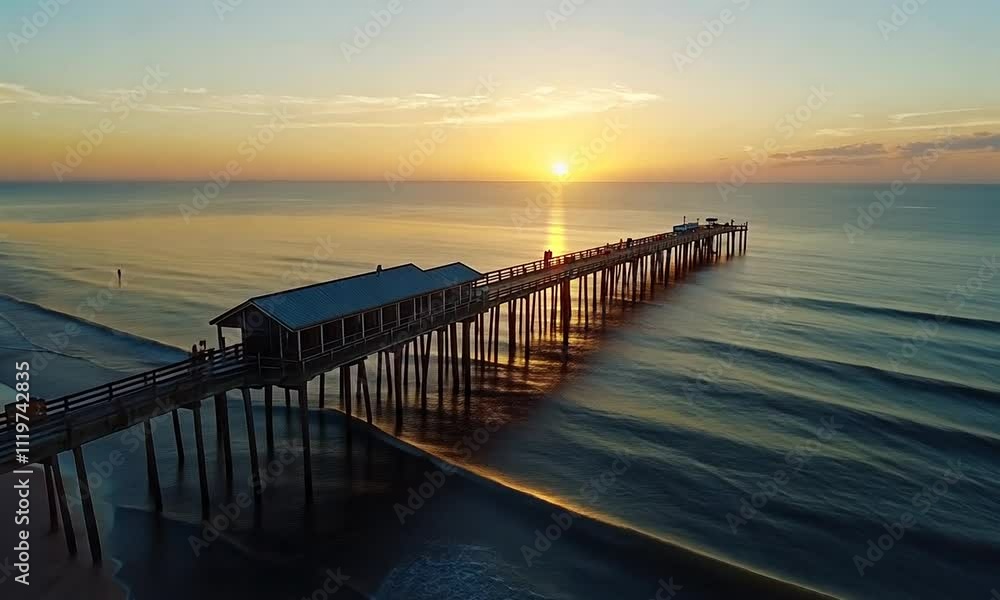 A serene sunset over a pier extending into calm waters, creating a tranquil coastal scene. A serene sunset over a pier extending into calm waters, creating a tranquil coastal scene.
