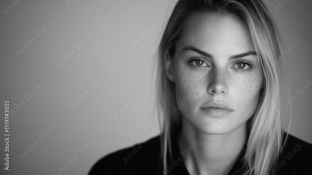 Monochrome portrait of a young woman with freckles. Monochrome portrait of a young woman with freckles.