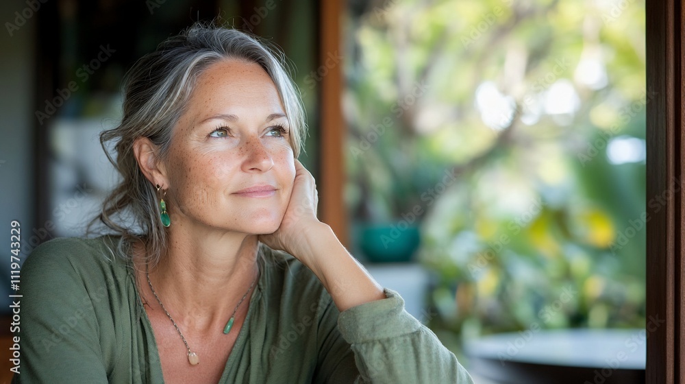 Pensive middle-aged woman looking out a window. Pensive middle-aged woman looking out a window.