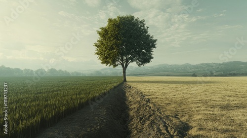 A solitary green tree stands at the intersection of lush fields and parched land, symbolizing nature's contrasts.