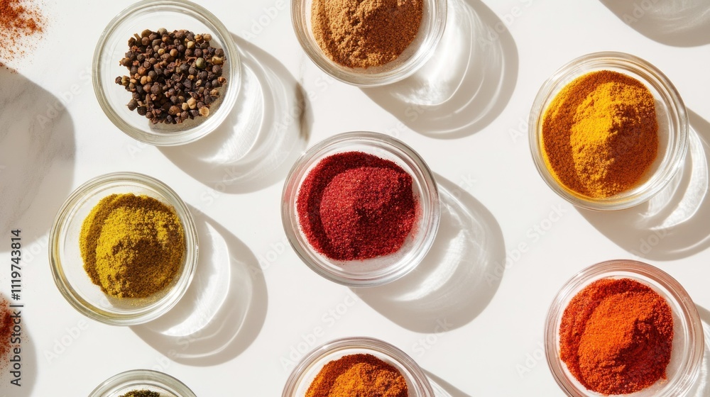 A vibrant assortment of spices in glass jars, showcasing colors and textures for culinary use. A vibrant assortment of spices in glass jars, showcasing colors and textures for culinary use.