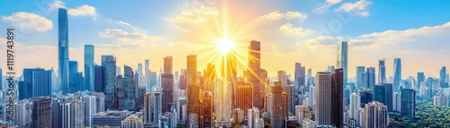 Stunning Urban Skyline with Vibrant Sunset and Skyscrapers Illuminated by Warm Sunlight