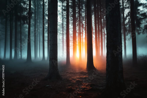 A dark twilight green forest scene with neon mist swirling between the trees photo