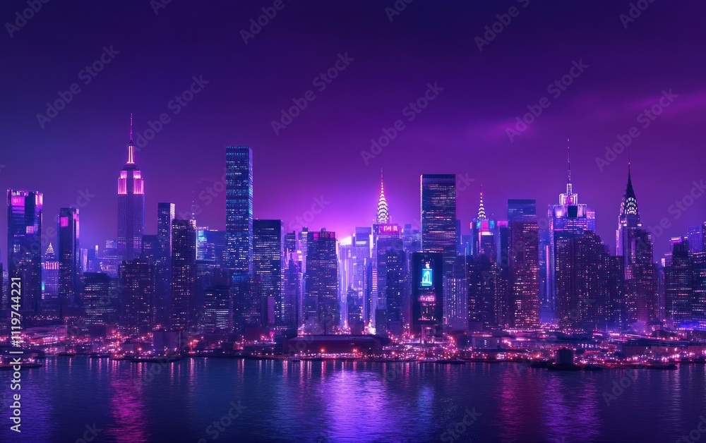 A city skyline at night, illuminated by vibrant purple lights on the buildings A city skyline at night, illuminated by vibrant purple lights on the buildings