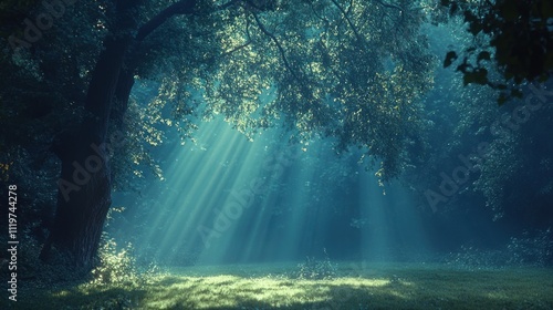 Sunbeams illuminating a mystical forest.