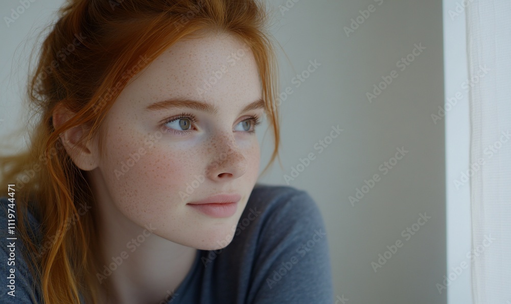 Pensive redhead woman looking away near window. Pensive redhead woman looking away near window.