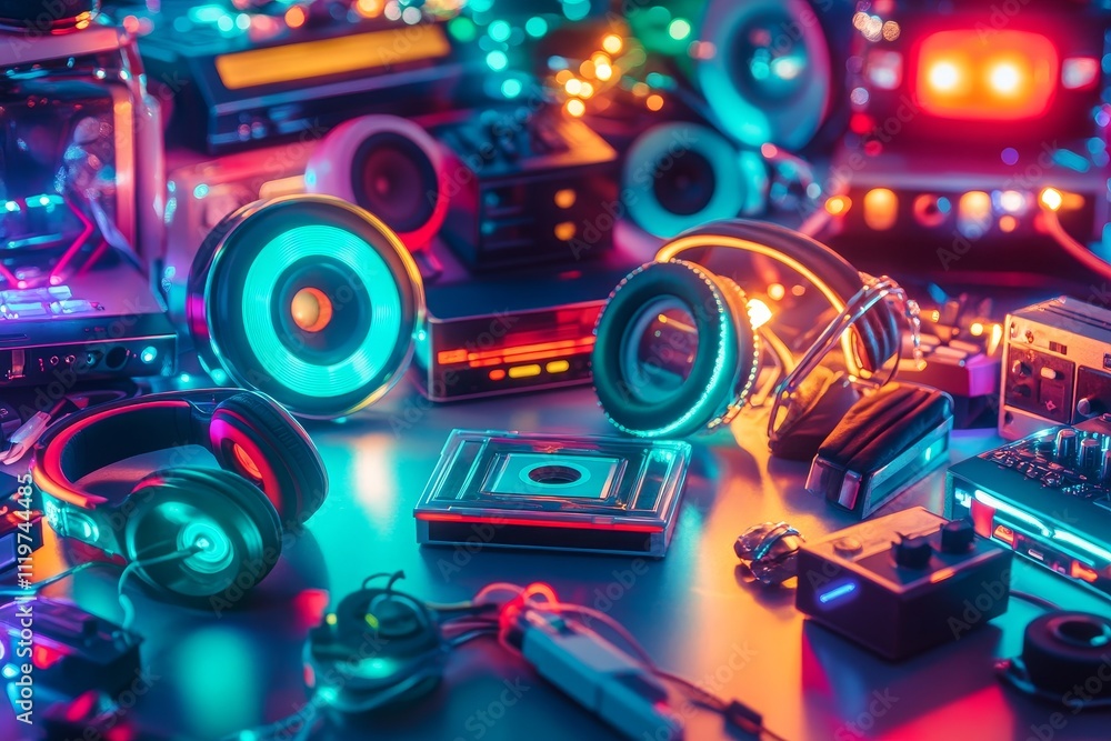 Vibrant Collection of Retro Audio Equipment and Headphones with Neon Lights Creating a Dynamic and Aesthetic Music-Themed Background Vibrant Collection of Retro Audio Equipment and Headphones with Neon Lights Creating a Dynamic and Aesthetic Music-Themed Background