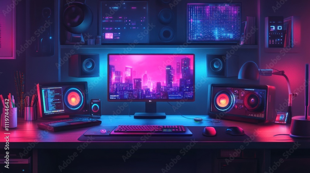 A modern gaming setup with neon lights, speakers, a keyboard, and a mouse, with a cyberpunk cityscape on the monitor. A modern gaming setup with neon lights, speakers, a keyboard, and a mouse, with a cyberpunk cityscape on the monitor.