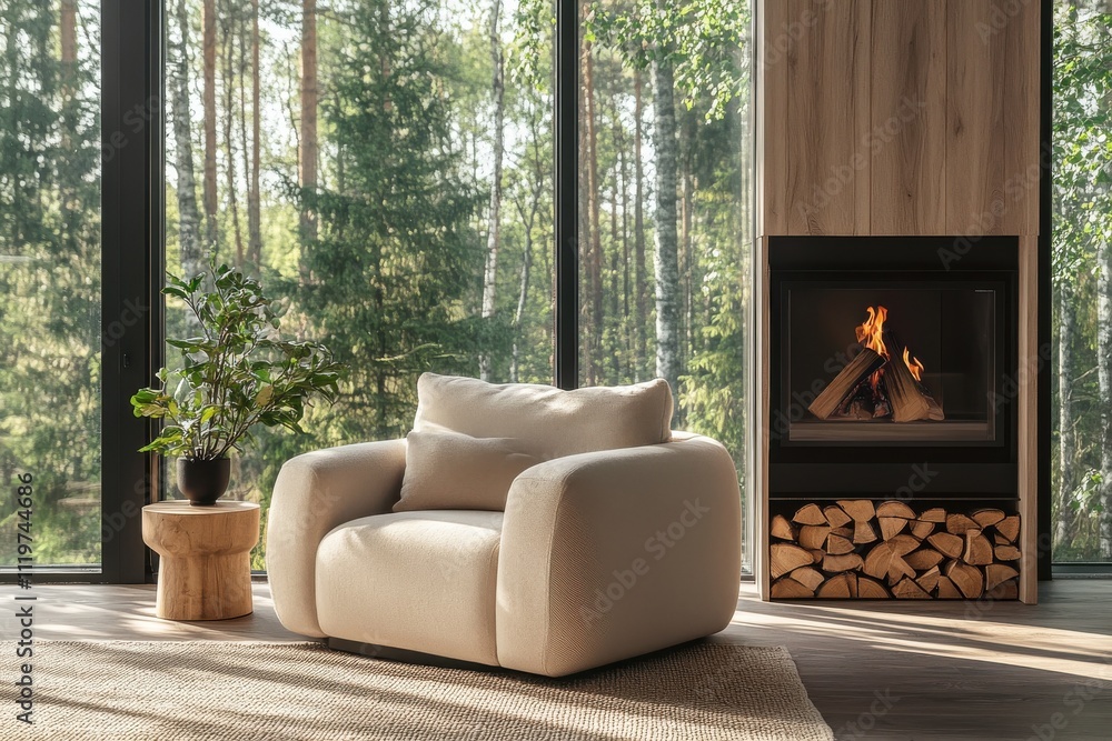 Fototapeta premium cozy interior modern living room large windows natural light