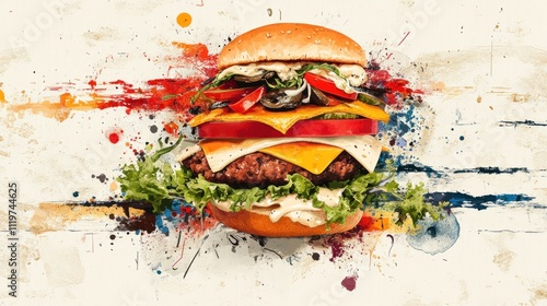 A juicy cheeseburger with lettuce, tomato, and onion,  painted in an artistic style. photo