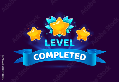 Level complete game asset icon, level up badge. Vector ui or gui interface element, reward popup stars with icy leaves and blue banner. Award bonus for mobile app, video or online game competition