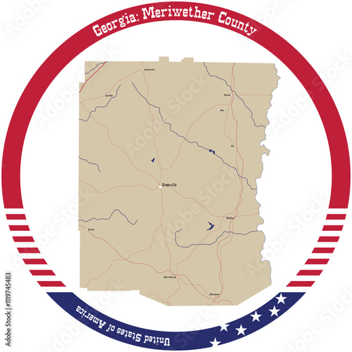 Map of Meriwether County in Georgia, USA arranged in a circle.