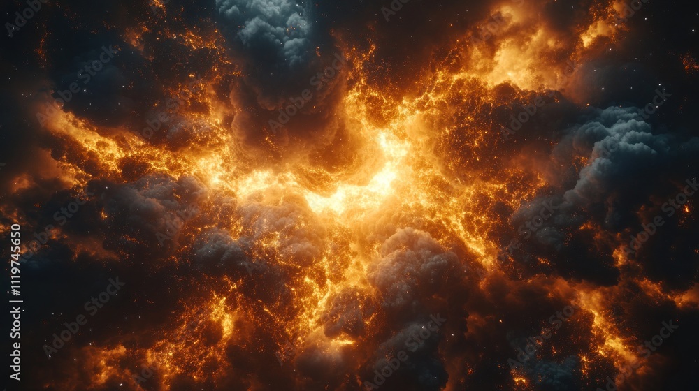 Obraz premium A fiery explosion of light bursts through dark clouds, creating a dramatic and energetic scene.
