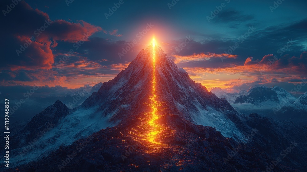 glowing volcanic mountain at sunset, with lava flowing down its peak. glowing volcanic mountain at sunset, with lava flowing down its peak.