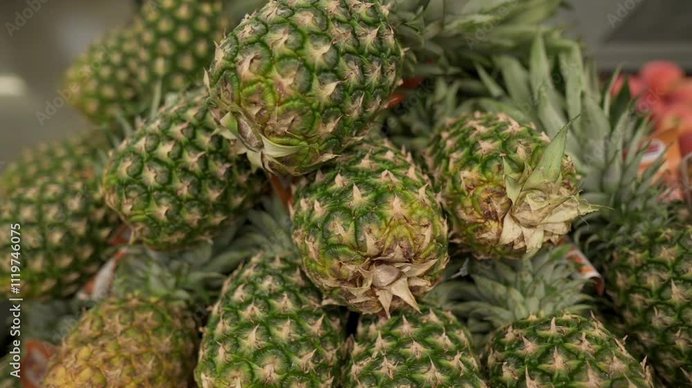 Close-up of fresh, ripe pineapples stacked together, highlighting texture and green-yellow color. Perfect for tropical and food themes. ripen pineapples stacked together in market, pineapples Close-up of fresh, ripe pineapples stacked together, highlighting texture and green-yellow color. Perfect for tropical and food themes. ripen pineapples stacked together in market, pineapples