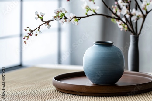 japanese interior design, japanese ceramics rest on a wooden tray under dappled light from shoji screens, casting serene patterns on earthy tatami mats photo