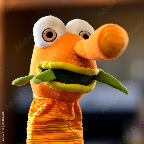 Playful close-up of a vibrant orange sock puppet with googly eyes and a quirky smile, featuring green and yellow accents.
