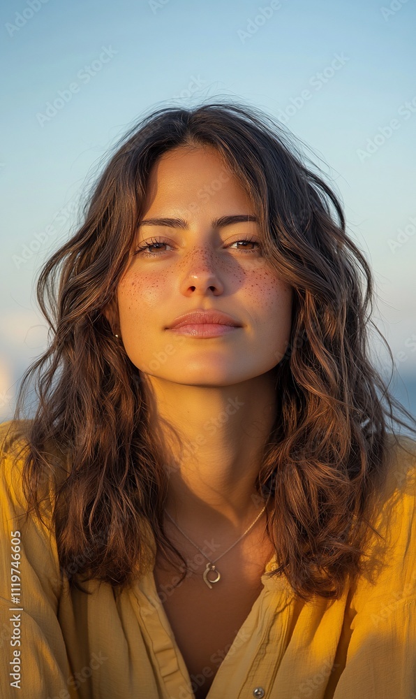Portrait of a woman with wavy hair, wearing a yellow shirt outdoors. Portrait of a woman with wavy hair, wearing a yellow shirt outdoors.