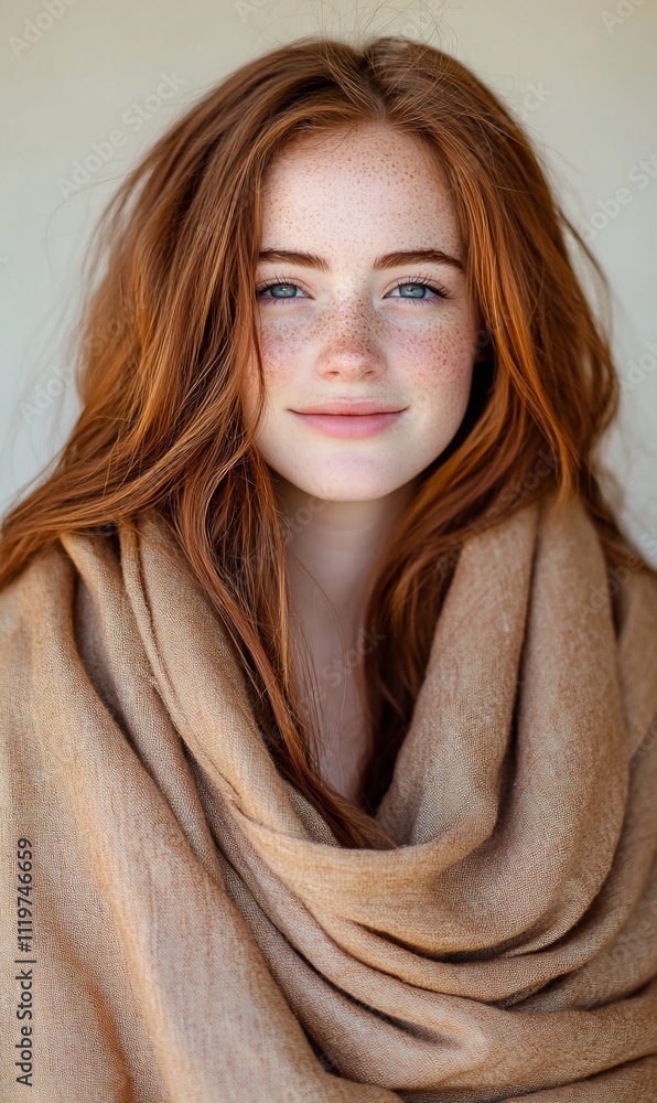 Portrait of a smiling redhead woman wrapped in a beige shawl. Portrait of a smiling redhead woman wrapped in a beige shawl.