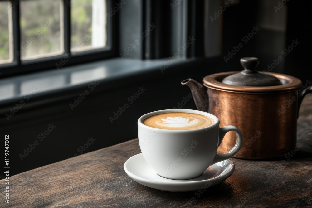 Obraz premium vintage kitchen decor, sipping a vanilla latte in a quaint retro kitchen, amidst copper pots and old coffee grinders, evokes a cozy nostalgia