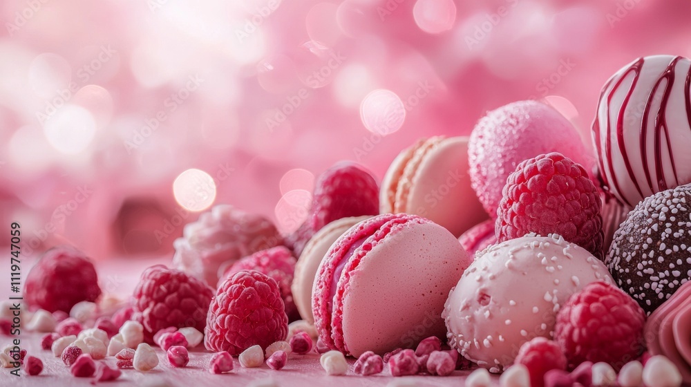 Close-up of colorful macarons and raspberries on pink bokeh background Close-up of colorful macarons and raspberries on pink bokeh background