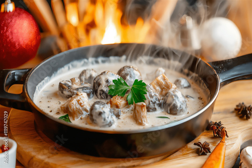 a steaming bowl of creamy mushroom soup garni photo