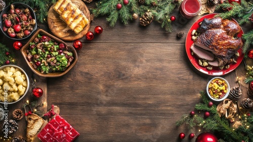 Festive Christmas dinner table scene with roasted turkey, side dishes, and decorations. photo