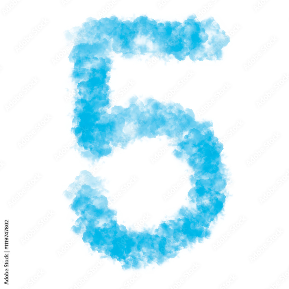 Number Five (5) made with Sky or Cloud effect, Fog or smoke isolated on white background, Blue color, Mist or smog Special effect, Abstract, Creative, Illustration design Number Five (5) made with Sky or Cloud effect, Fog or smoke isolated on white background, Blue color, Mist or smog Special effect, Abstract, Creative, Illustration design