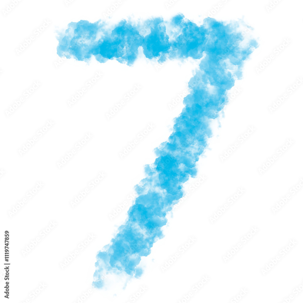 Number Seven (7) made with Sky or Cloud effect, Fog or smoke isolated on white background, Blue color, Mist or smog Special effect, Abstract, Creative, Illustration design Number Seven (7) made with Sky or Cloud effect, Fog or smoke isolated on white background, Blue color, Mist or smog Special effect, Abstract, Creative, Illustration design