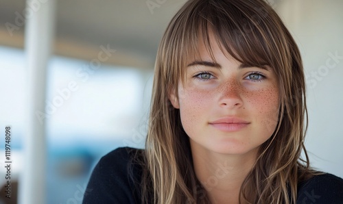 Portrait of a young woman with freckles and long hair.