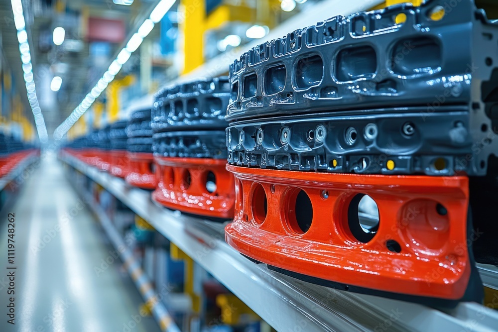 A collection of engine blocks in red and black, stacked on a shelf A collection of engine blocks in red and black, stacked on a shelf