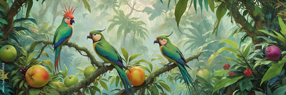 Obraz premium Colorful exotic birds in a lush tropical jungle with fruits and greenery. Panoramic banner ideal for wildlife, rainforest, and nature-inspired projects.