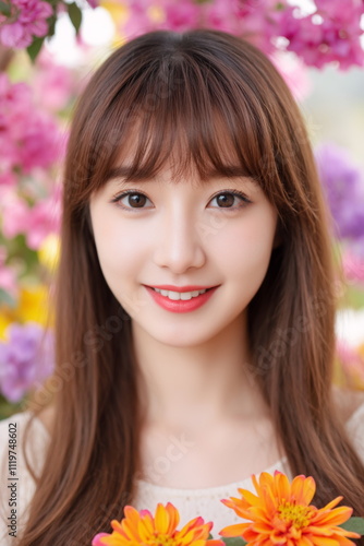 Young Beautiful Asian Woman Surrounded by Vibrant Spring Flowers