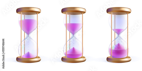 3d hourglass sequence set with pink sand. Glass clock miss budget. Shop hour alarm countdown. Vector sandglass icon. Pension revenue gold timer concept. Deposit payment realistic promo period watch.