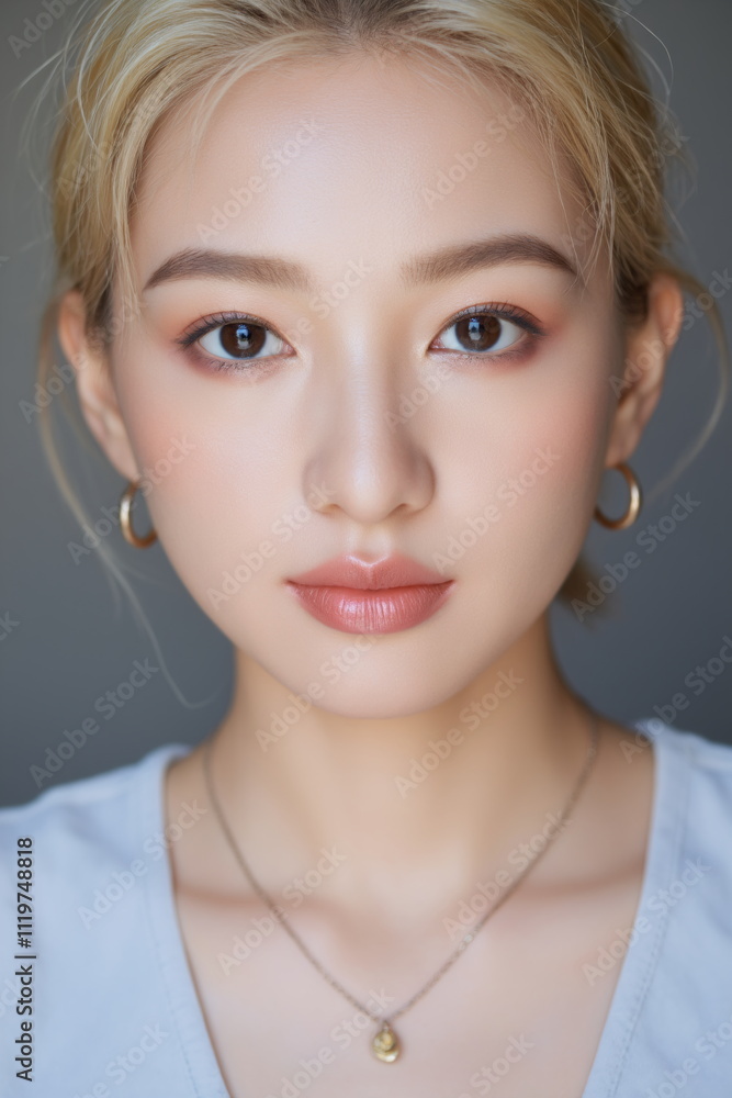 Elegant Asian Woman with Blonde Hair and Soft Makeup Portrait Elegant Asian Woman with Blonde Hair and Soft Makeup Portrait