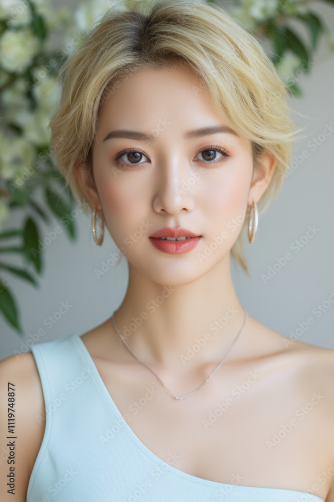 Elegant Asian Woman with Blonde Hair and Soft Makeup Portrait Elegant Asian Woman with Blonde Hair and Soft Makeup Portrait