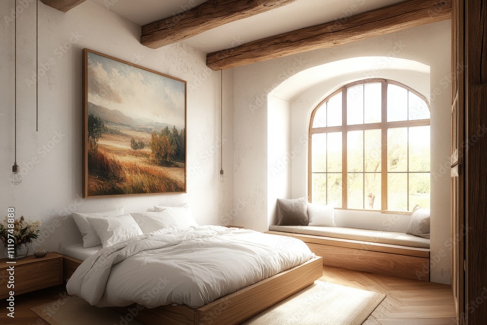 Fototapeta premium Cozy modern bedroom rustic wooden beams minimalist