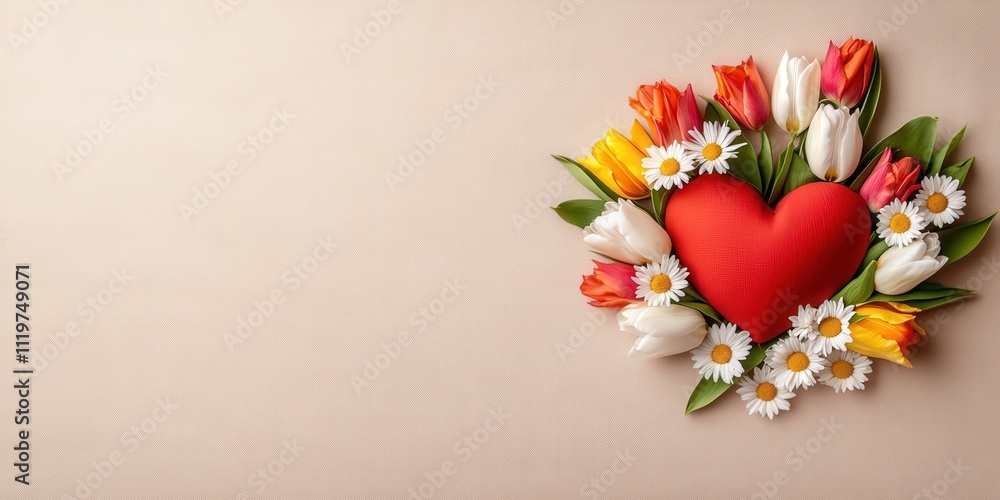 Close-Up View of a Heart-Shaped Arrangement of Colorful Flowers and Daisies Decorated on a Soft Background Ideal for Love and Romance Themes Close-Up View of a Heart-Shaped Arrangement of Colorful Flowers and Daisies Decorated on a Soft Background Ideal for Love and Romance Themes