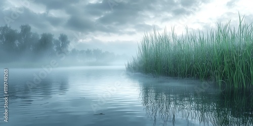 Serene Misty Morning Marshland Calm Water Tall Grasses Foggy Landscape photo