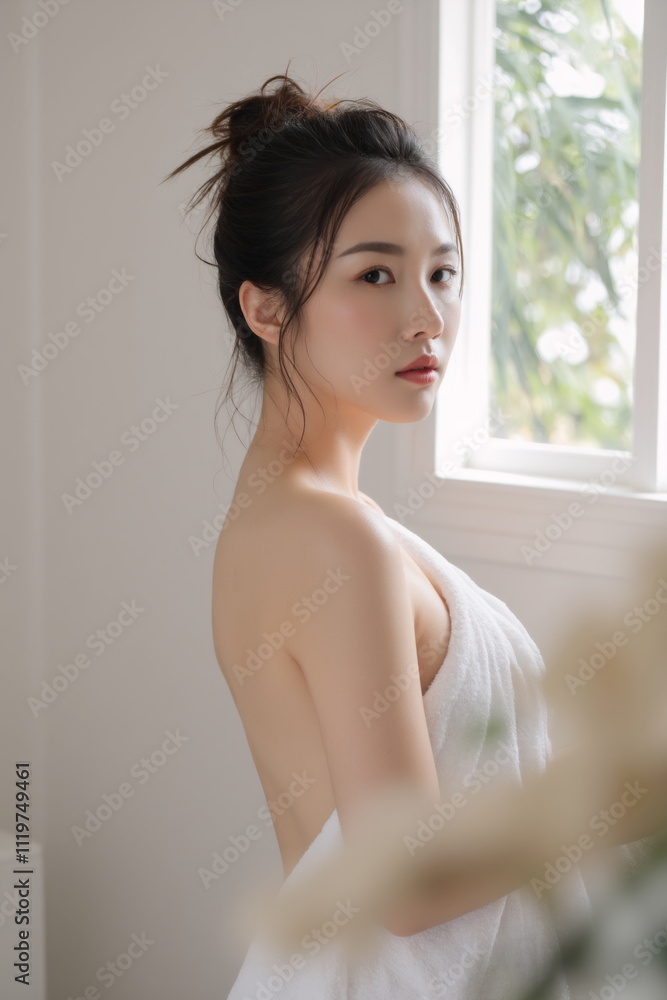 Elegant Asian Woman with Natural Makeup in Soft Light Elegant Asian Woman with Natural Makeup in Soft Light