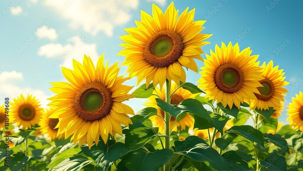 Sunflowers burst forth in a double-exposed summer field, AI art. Sunflowers burst forth in a double-exposed summer field, AI art.